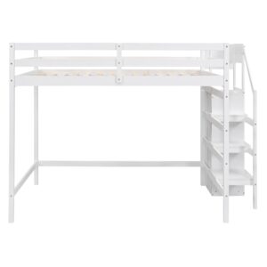 Harper & Bright Designs Full Loft Bed, Loft Bed Full Size with Storage Staircase and Wardrobe for Clothes, Wooden High Loft Bed Frame for Kids Girls Boys Bedroom, White