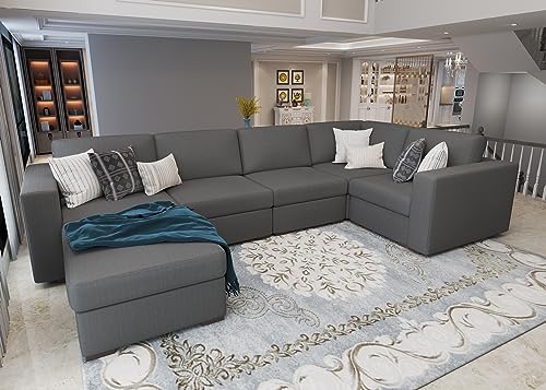 Sectional Couches for Living Room: Modular L Shaped Couch with Ottoman - Grey U Shape Sofa Furniture Set 6 Piece Modern Upholstered Oversized Daybed Sleeper Sofas