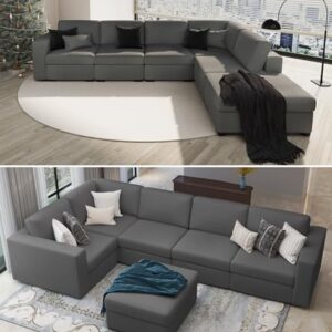 Sectional Couches for Living Room: Modular L Shaped Couch with Ottoman - Grey U Shape Sofa Furniture Set 6 Piece Modern Upholstered Oversized Daybed Sleeper Sofas