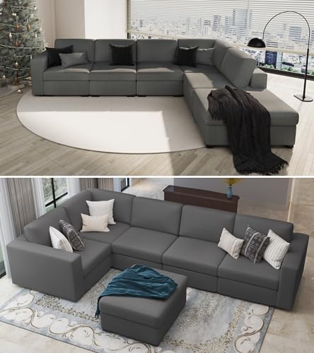 Sectional Couches for Living Room: Modular L Shaped Couch with Ottoman - Grey U Shape Sofa Furniture Set 6 Piece Modern Upholstered Oversized Daybed Sleeper Sofas