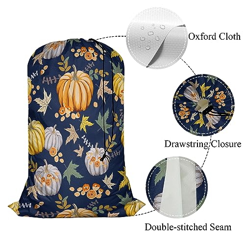 Swono Autumn Orange Pumpkins Drawstring Closure Dirty Clothes Bag Organizer, Heavy Duty Large Laundry Bag, Retro Style Fall Flowers Peony Rose Maple Leaf Rip-Stop Bags for Camp Travel, Machine