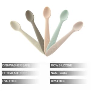 PandaEar 5 Pack Silicone Baby Spoons Self Feeding 4 6 Months, Baby Food Feeding Spoons Utensils, Gentle for Baby Led Weaning, Safe for Teething, Infant Spoons First Stage, BPA-Free, Easy to Clean