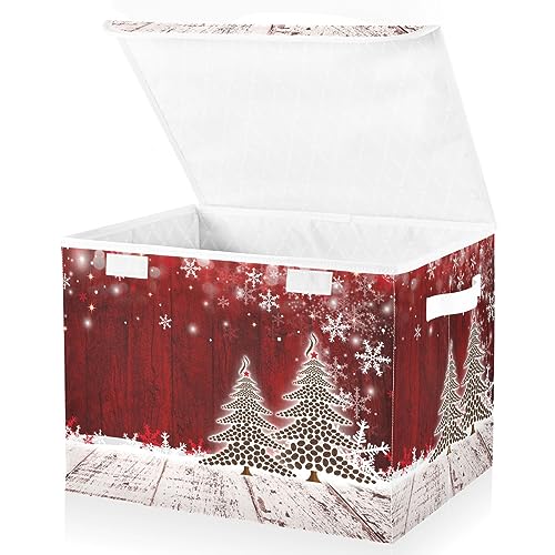 senya Christmas Storage Baskets Collapsible Storage Bins with Lids, Christmas Coffee Tree Red Wooden Storage Boxes Clothes Baskets for Organizing