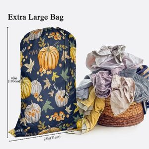 Swono Autumn Orange Pumpkins Drawstring Closure Dirty Clothes Bag Organizer, Heavy Duty Large Laundry Bag, Retro Style Fall Flowers Peony Rose Maple Leaf Rip-Stop Bags for Camp Travel, Machine