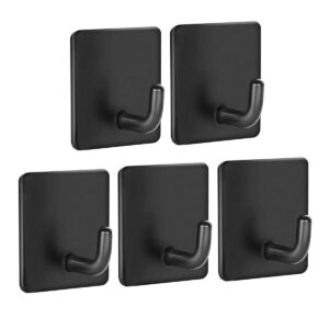 5 pieces self adhesive hooks, black heavy duty towel wall sticky hooks strong stainless steel holder coat door hooks for bathrooms kitchen lavatory closet bedroom