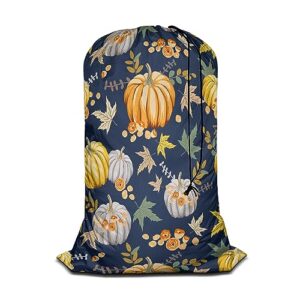 swono autumn orange pumpkins drawstring closure dirty clothes bag organizer, heavy duty large laundry bag, retro style fall flowers peony rose maple leaf rip-stop bags for camp travel, machine