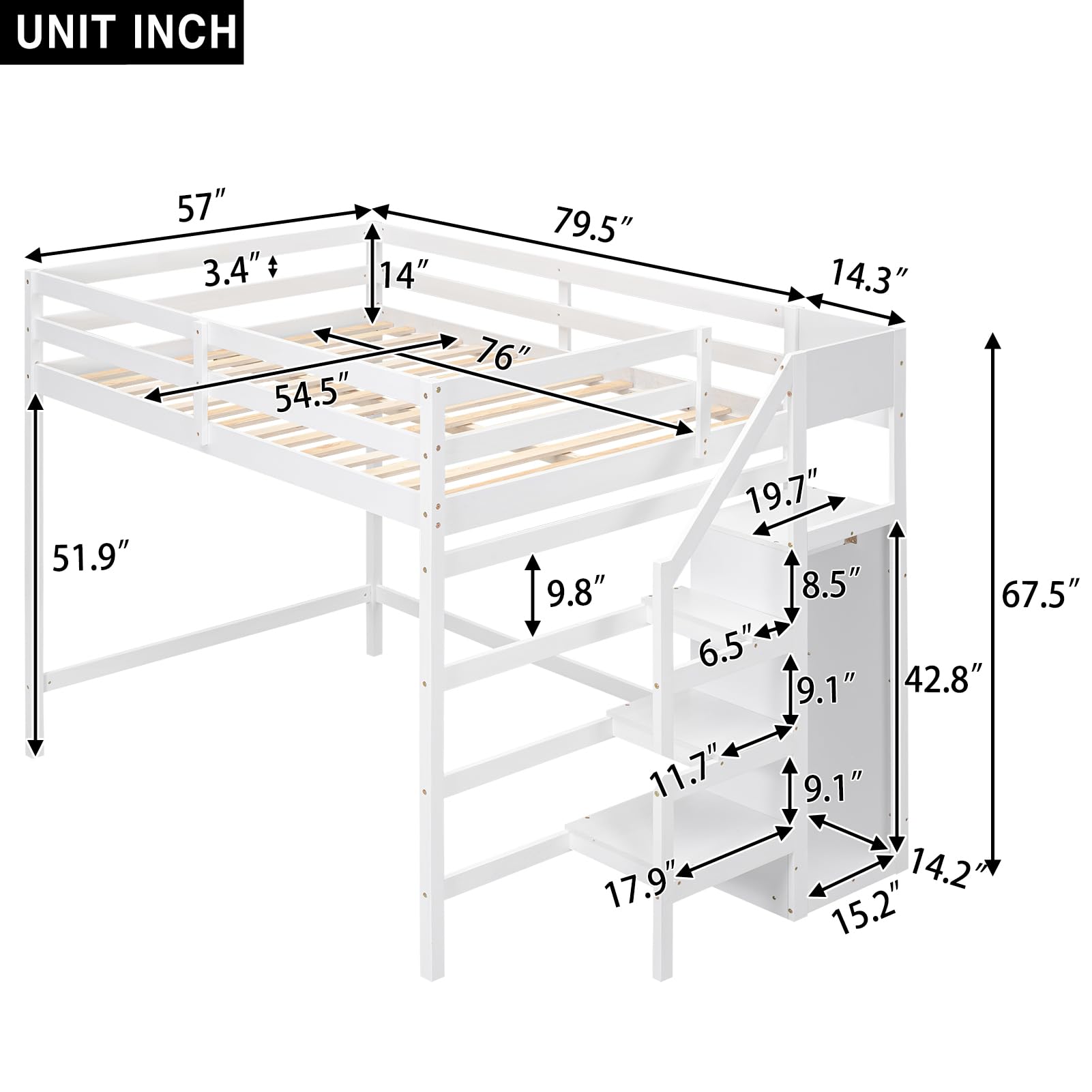 Harper & Bright Designs Full Loft Bed, Loft Bed Full Size with Storage Staircase and Wardrobe for Clothes, Wooden High Loft Bed Frame for Kids Girls Boys Bedroom, White