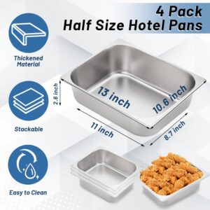 NDSWKR 4 Pack Half Size Hotel Pans, 1/2 Size 2.6 Inch Deep Stainless Steel Steam Table Pan, Anti-Jam Food Pan Chafing Pan for Home, Hotel, Party Catering Supplies