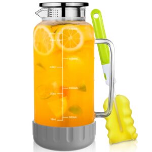 glass pitcher with lid, 68oz water pitcher with silicone base and precise scale line, ice tea pitcher for fridge, anti-slip and easy to clean, glass jug for sun tea juice coffee milk beverage (gray)