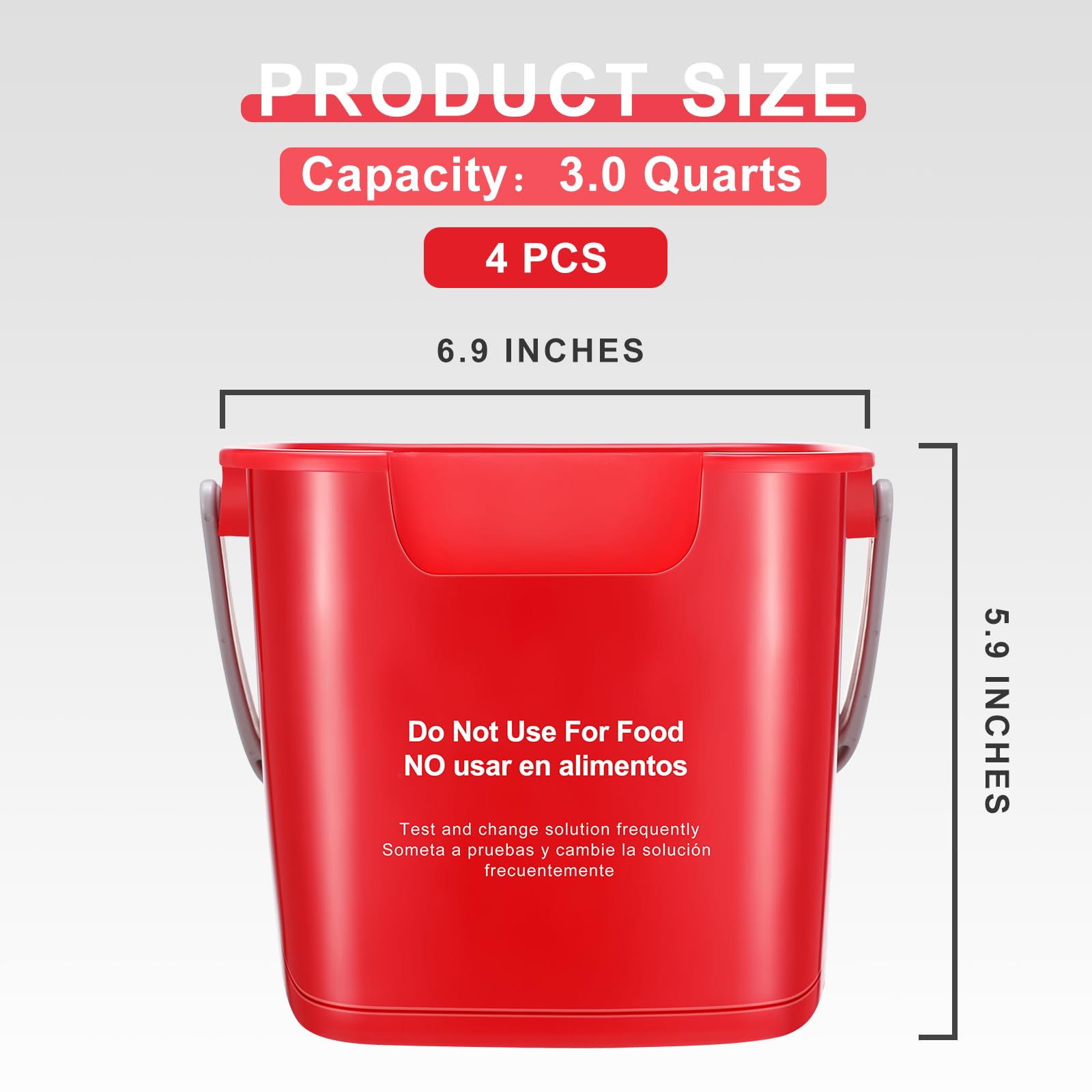 Yaomiao 4 Pcs Cleaning Bucket 3 Quart Small Sanitizing Square Bucket Detergent Pail with Measurements Spout and Handle for Home Commercial Use Restaurant Kitchen Office School (Red)