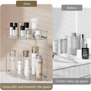 KINGBERWI 2 Tier Corner Makeup Organizer for Vanity, Acrylic Bathroom Countertop Organizer, Clear Skincare Perfume Tray Organizers and Storage Shelf