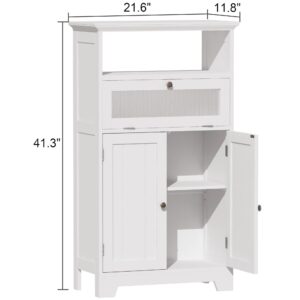 ChooChoo Bathroom Floor Storage Cabinet with Flip Glass Drawer, Bathroom Cabinets Freestanding with 2 Doors Adjustable Shelf & Open Storage for Bathroom, Living Room, Hallway, White