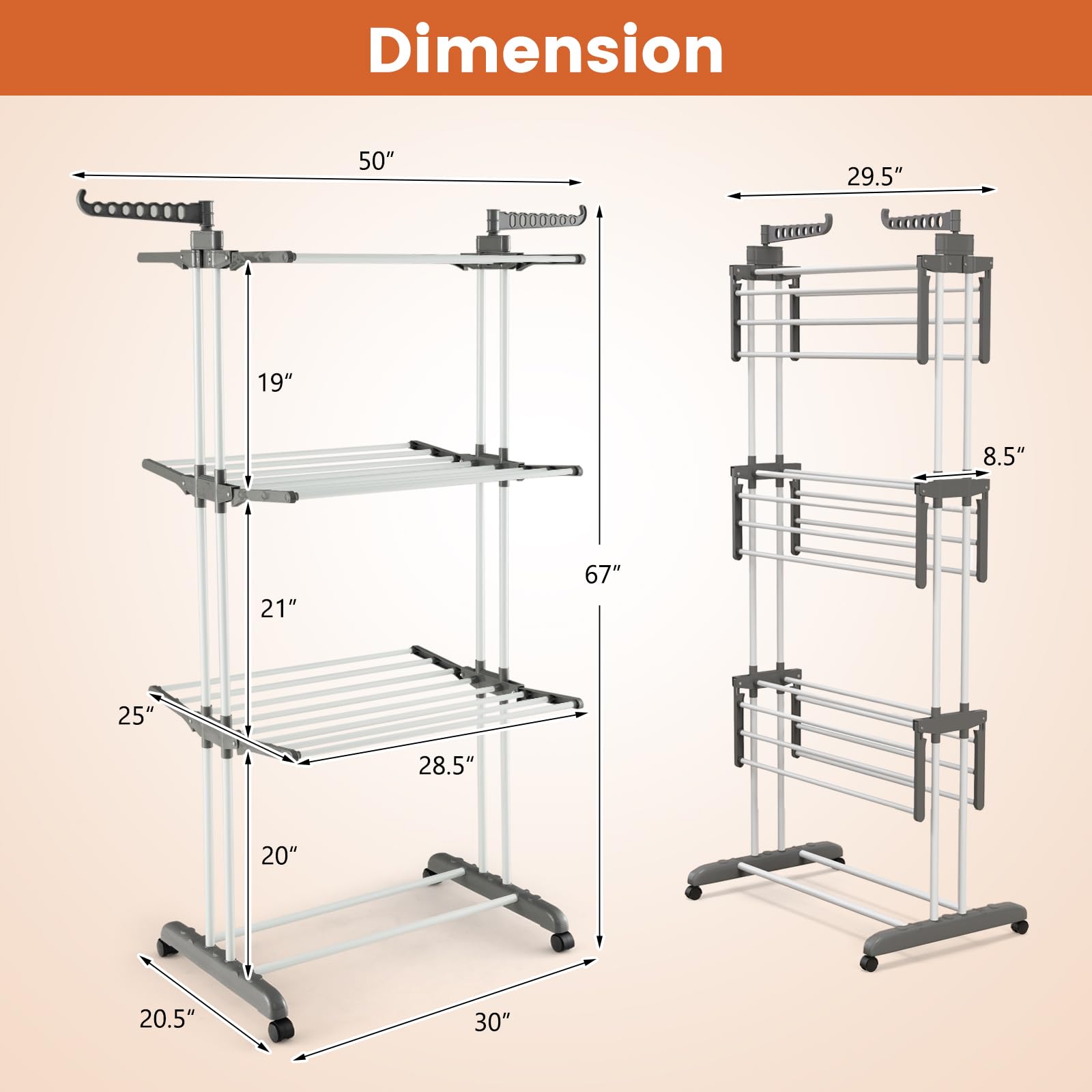 Moccha 4-Tier Clothes Drying Rack, Folding Drying Rack w/ 4 Wheels, 24 Drying Poles & 2 Rotatable Side Wings for Clothes, Portable Clothing Drying Rack for Laundry, Laundry Bag, Grey