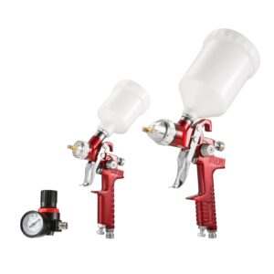 HVLP Air Gravity Spray Gun Set, 2Pcs Sprayer Paint Gun with 0.8mm 150ml&1.4mm 600ml Automotive Paint Gun with Locking Air Pressure Regulator Gauge Air Spray Gun for Furniture, Car, Fence,Model Making