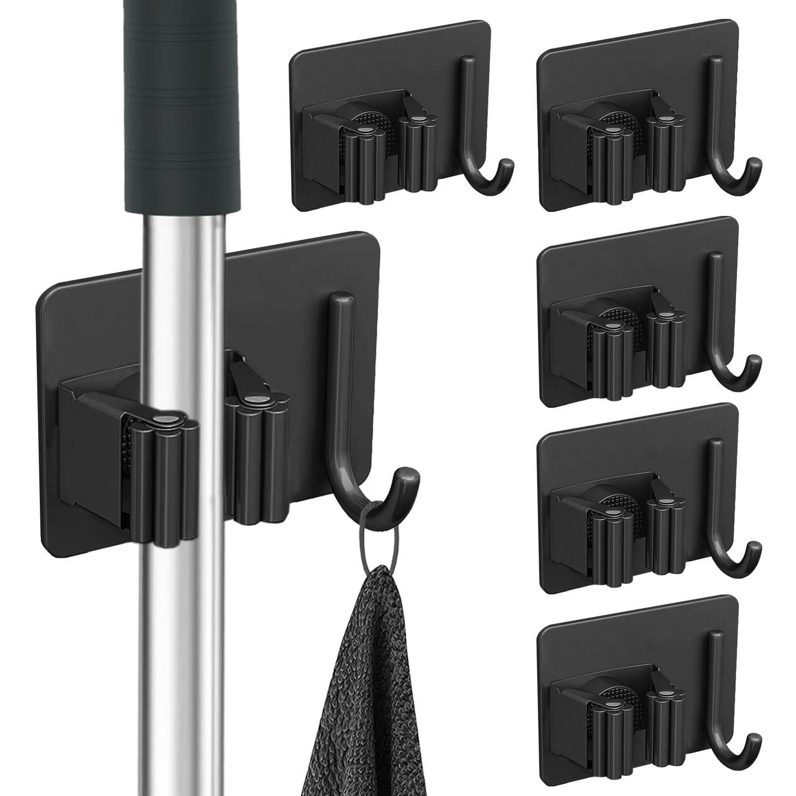 YingEnter 6Pcs Mop Broom Holder No Drill SUS304 Stainless Steel, Heavy Duty Tool Organizer Rack Rake and Shovel Handle, Storage Rack Self Adhesive for Bathroom, Laundry, Kitchen, Garage, Garden