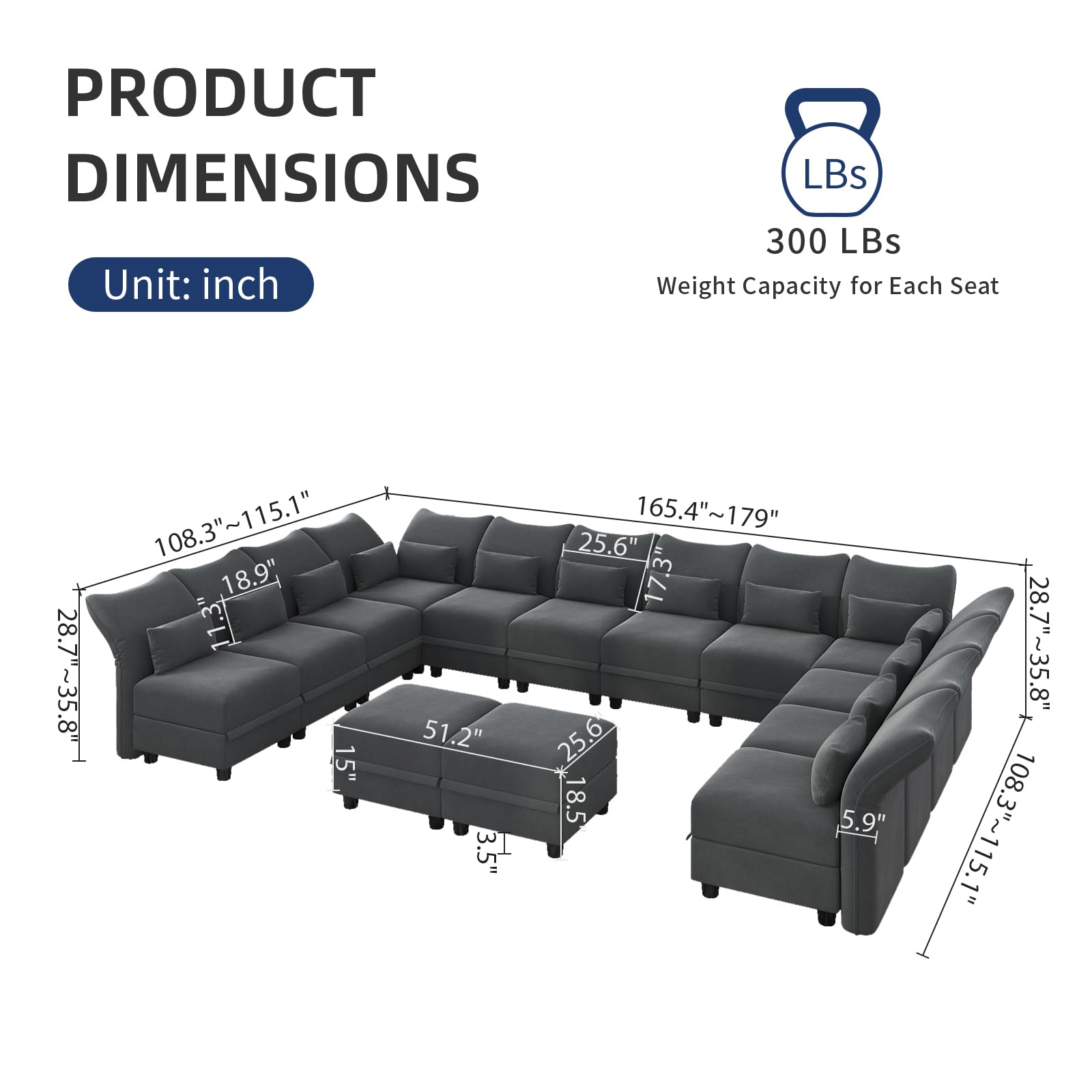 LLappuil Sectional Couch Convertible Oversize U Shaped Modular Sectional Sofa with Storage Easy Clean Anti-Scratch 14 Seat Velvet Sectional for Living Room, Grey