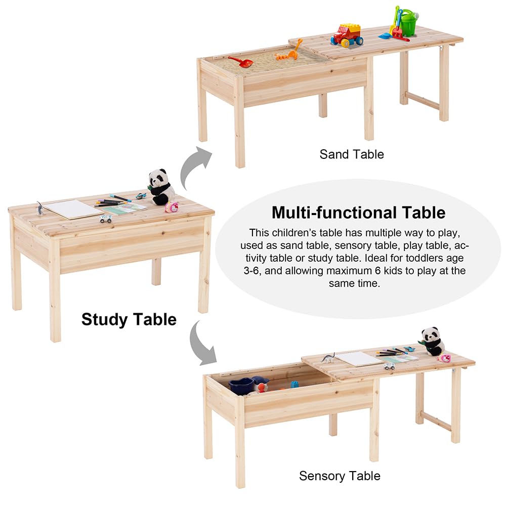 Tiuekes Kid’s Table, Wooden Indoor Sensory Table with Storage, Multi-Functional Activity Play Table with Foldable Tabletop (Natural Wood Color)