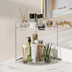 KINGBERWI 2 Tier Corner Makeup Organizer for Vanity, Acrylic Bathroom Countertop Organizer, Clear Skincare Perfume Tray Organizers and Storage Shelf