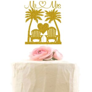 mr & mrs cake topper tropical wedding cake decorations palm tree chair hawaii beach wedding party supplies bride & groom travel cake toppers gold glitter