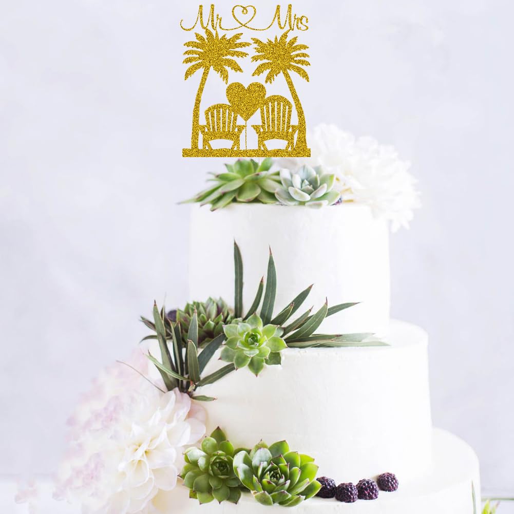 Mr & Mrs Cake Topper Tropical Wedding Cake Decorations Palm Tree Chair Hawaii Beach Wedding Party Supplies Bride & Groom Travel Cake Toppers Gold Glitter