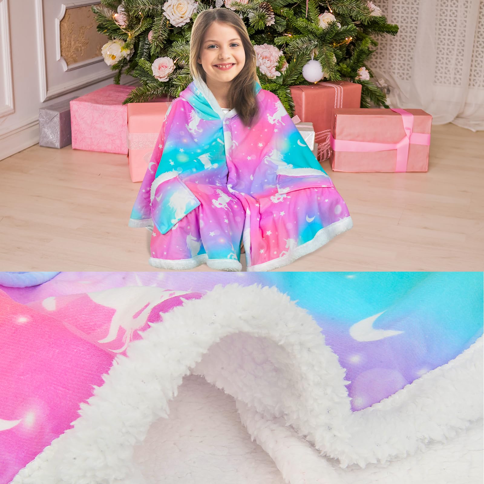 Fiodrimy Kids Wearable Blanket Hoodie Angel Wrap Hoodie Blanket Girls Uniorn Poncho Wrap Throw Cape Shawl 3-10 Years Gifts