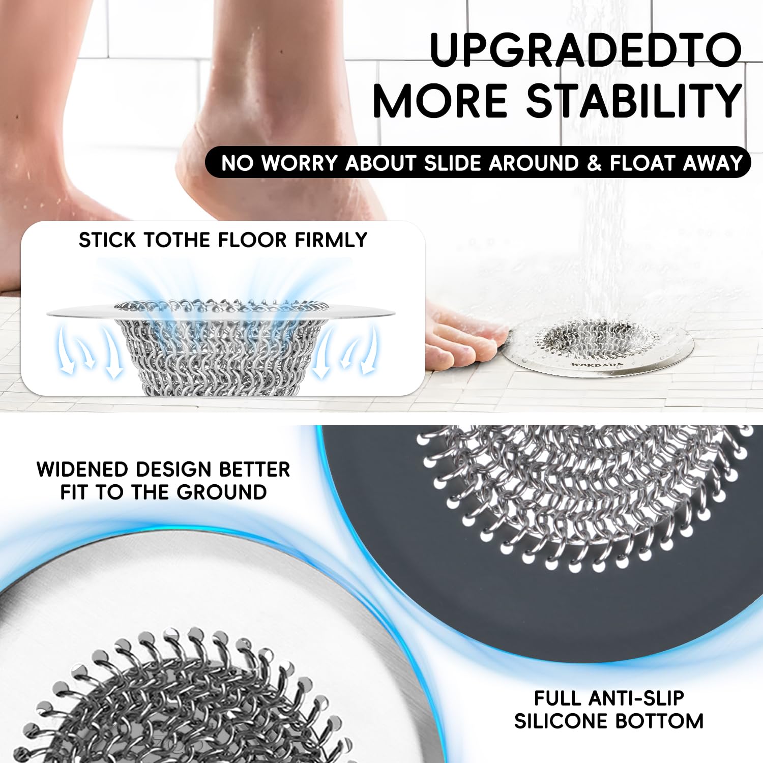 Bathtub Drain Hair Catcher, Wokdada Fast Drainage Shower Drain Hair Catcher, Reversible 304 Stainless Steel Drain Protector for Pop-Up and Regular Drains of Bathroom(Patented Product)