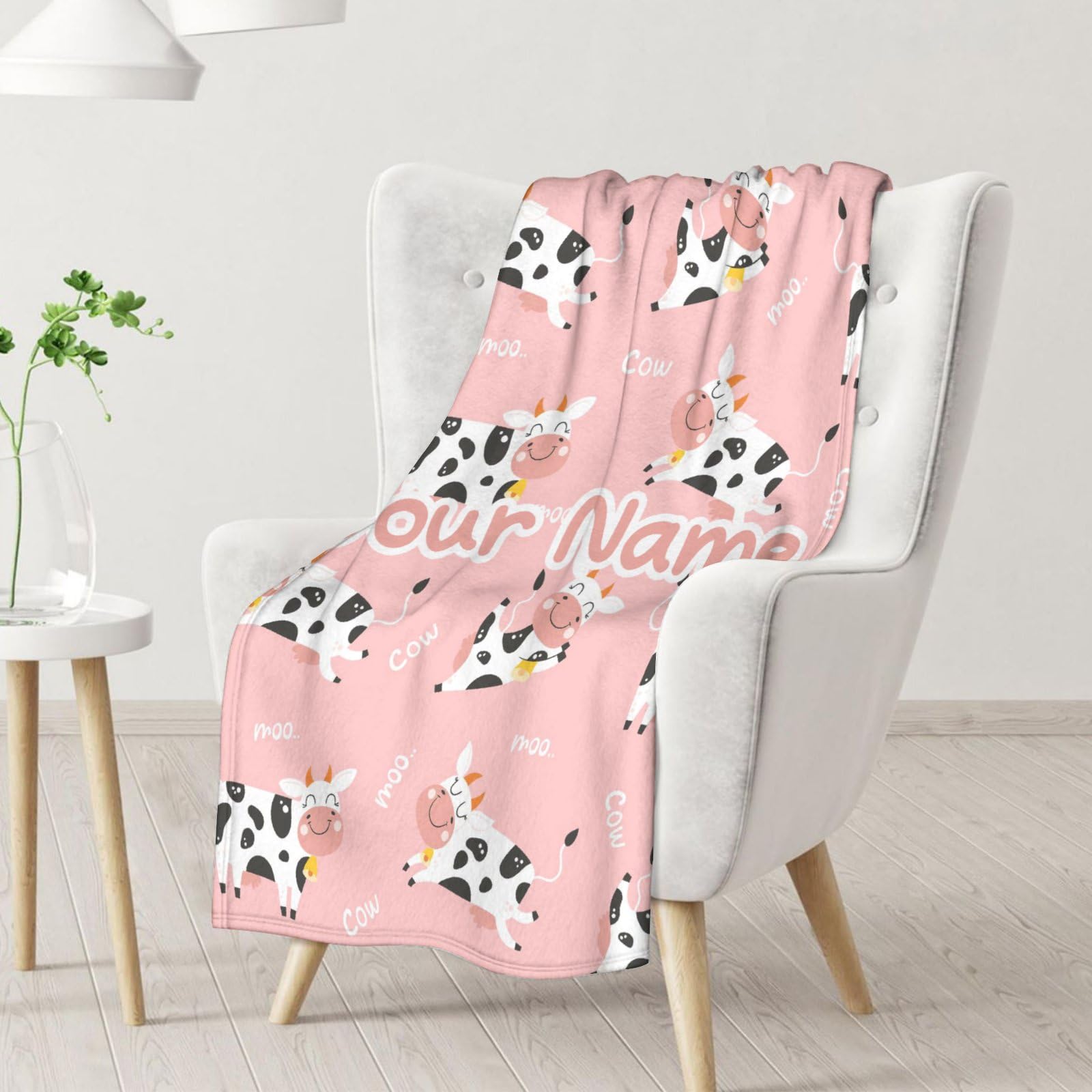 Eccustomized Personalized Cow Print Blanket for Boys - 30x40 Inches Lap Size - Warm Fuzzy Plush Blanket Gift - Pink Cute Blankets for Bed