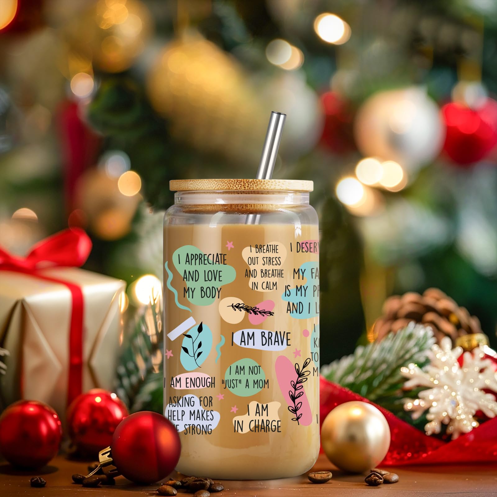 LEADO Mom Daily Affirmations Cups, 16 oz Iced Coffee Cup with Lid and Straw - Mom Gifts from Daughter, Son - Birthday, Inspirational, Christmas Gifts for Mom, Boy Mom - Mama Tumbler, Mom Cup