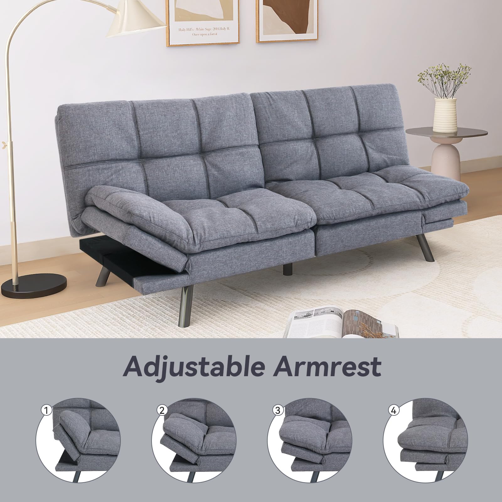 Hcore, Convertible Sleeper, Memory Foam Futon Couch,Loveseat Bed,Small Splitback Modern Sofa Sofabed, Grey