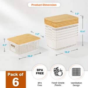 Plastic Storage Baskets With Bamboo Lid - Plastic Storage Containers Stackable Storage bins: Storage Baskets for Organizing Shelves Drawers Desktop Closet Playroom Classroom Office, 6 Pack