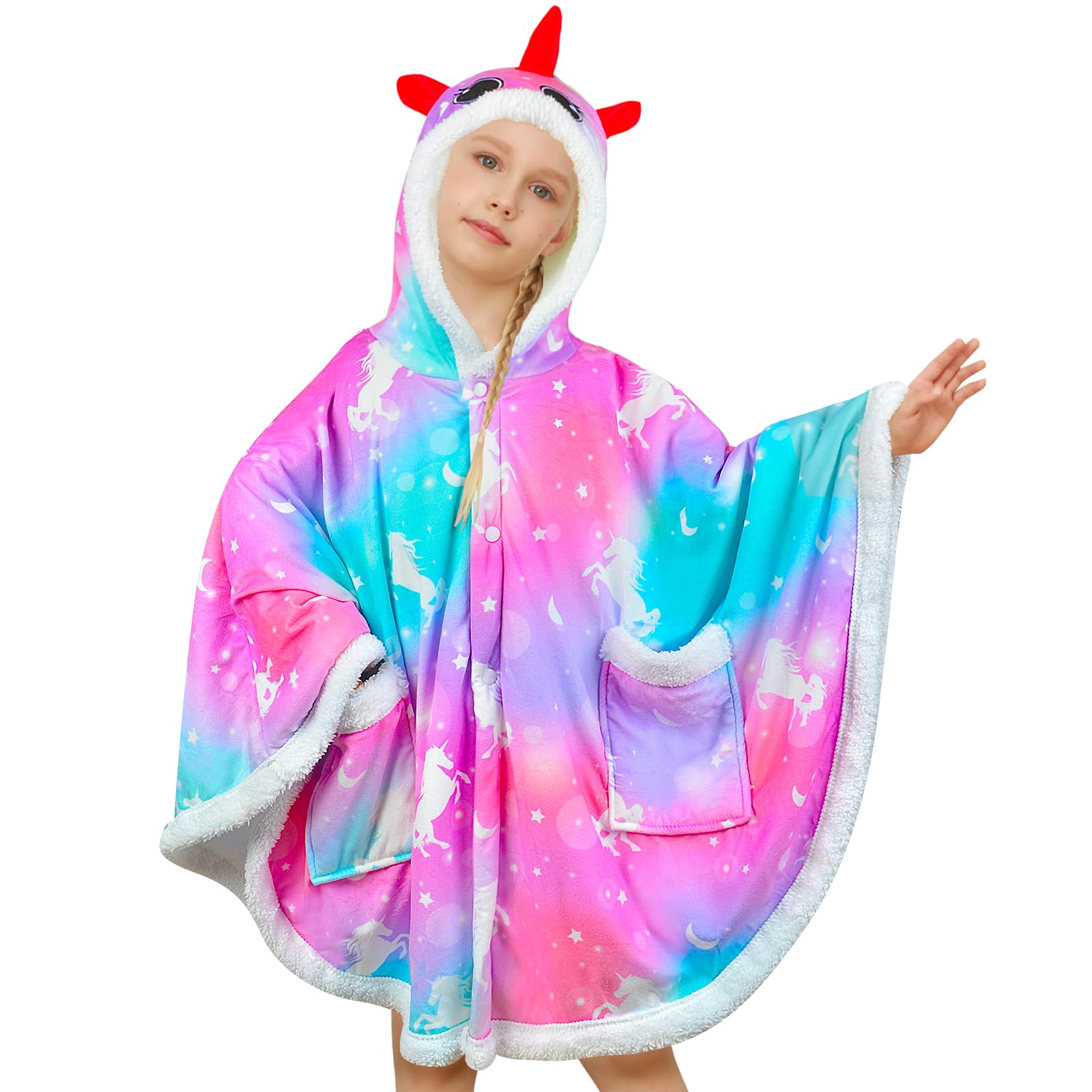 Fiodrimy Kids Wearable Blanket Hoodie Angel Wrap Hoodie Blanket Girls Uniorn Poncho Wrap Throw Cape Shawl 3-10 Years Gifts