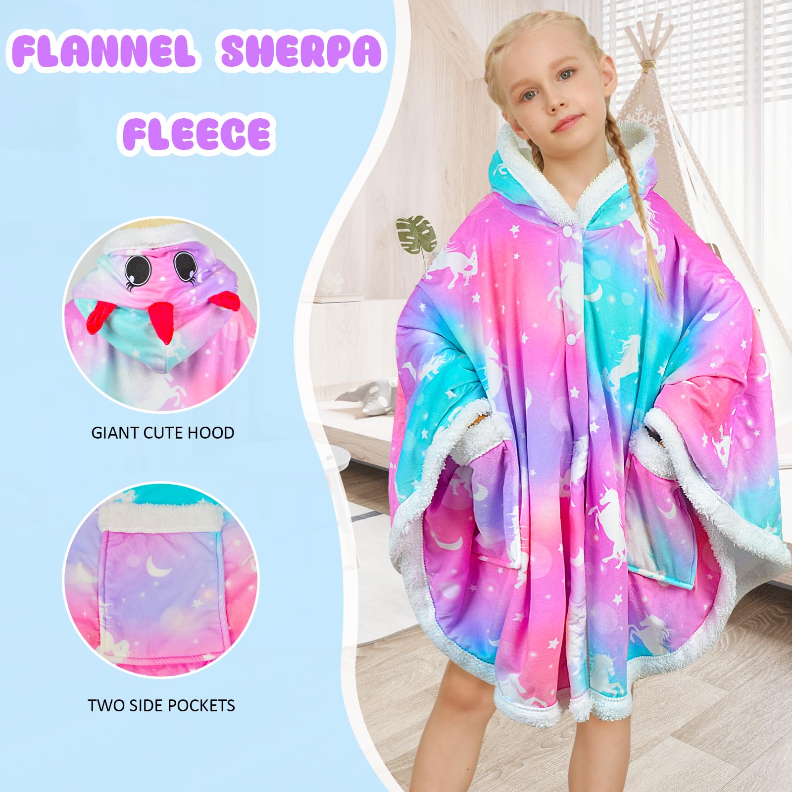 Fiodrimy Kids Wearable Blanket Hoodie Angel Wrap Hoodie Blanket Girls Uniorn Poncho Wrap Throw Cape Shawl 3-10 Years Gifts