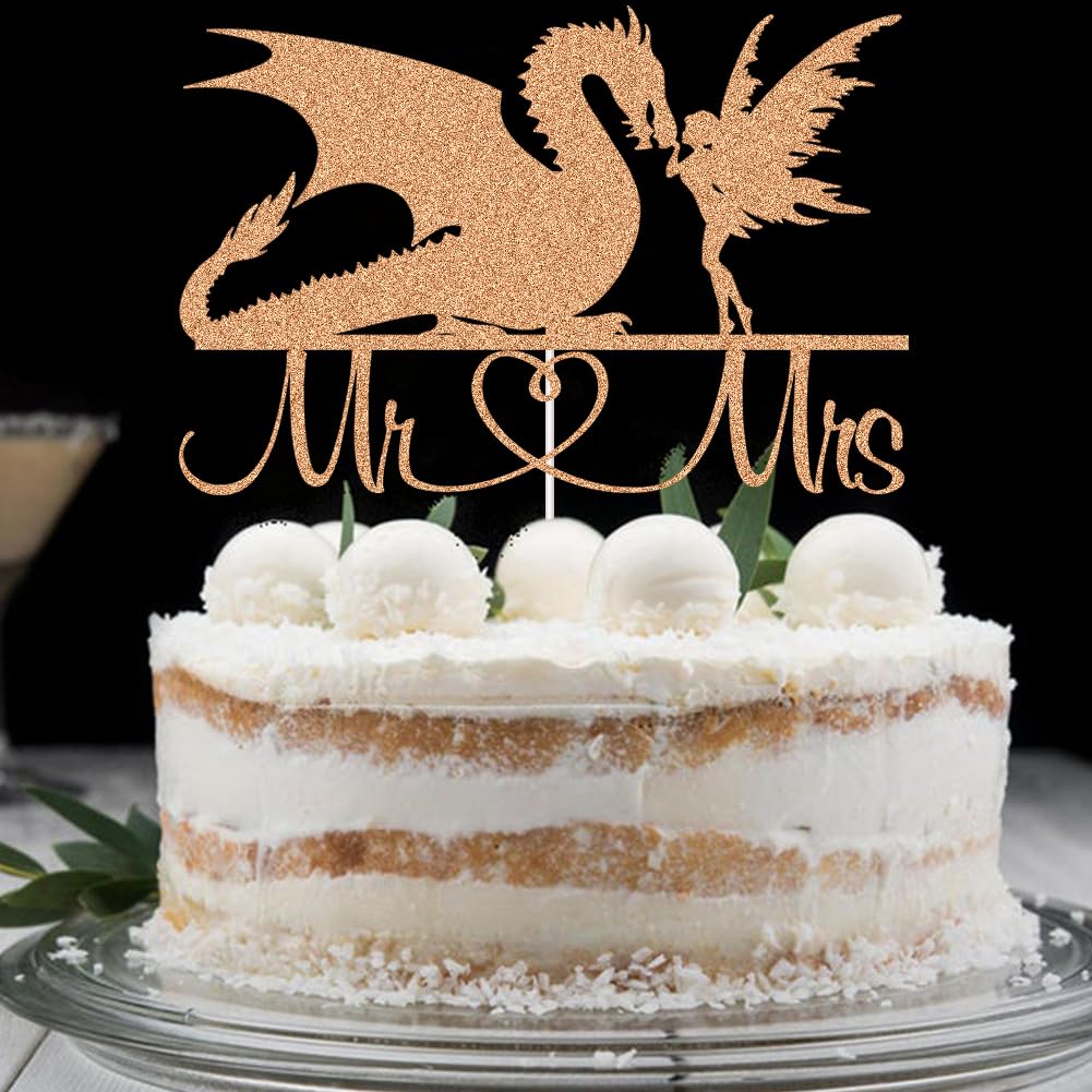 Dragon and Fairy Cake Topper, Wedding Cake Decors, Mr & Mrs, Bride and Groom, Rose Gold Glitter Party Decorations for Engagement/Bridal Shower