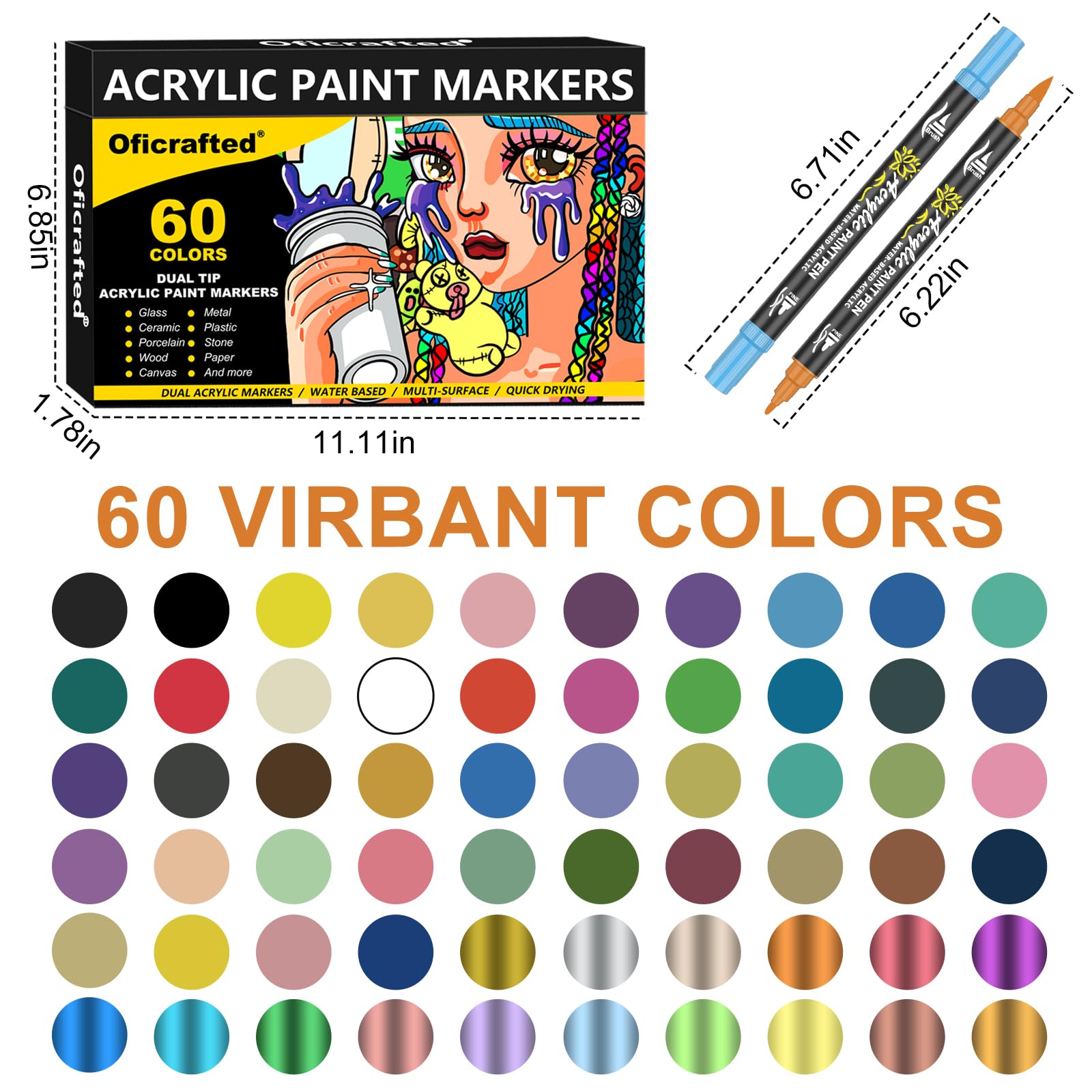 Oficrafted 60 Colors Dual Tip Acrylic Paint Pens, Premium Acrylic Paint Markers with Brush and Fine Tip, Paint Pens and Paint Markers for Rock Painting, Wood, Canvas, Glass & Ceramic Surfaces