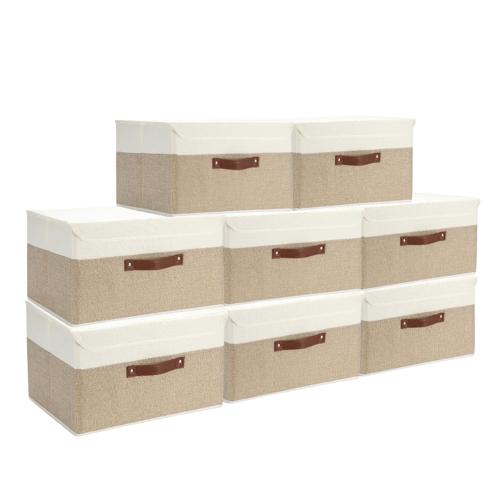 8 Pack Decorative Storage Bins Containers Fabric Bins with Lids Storage Baskets Bulk for Shelves Drawers, Desktop, Closet, Playroom, Classroom, Office, Bedroom, (15INx10INx10IN, Beige/White)