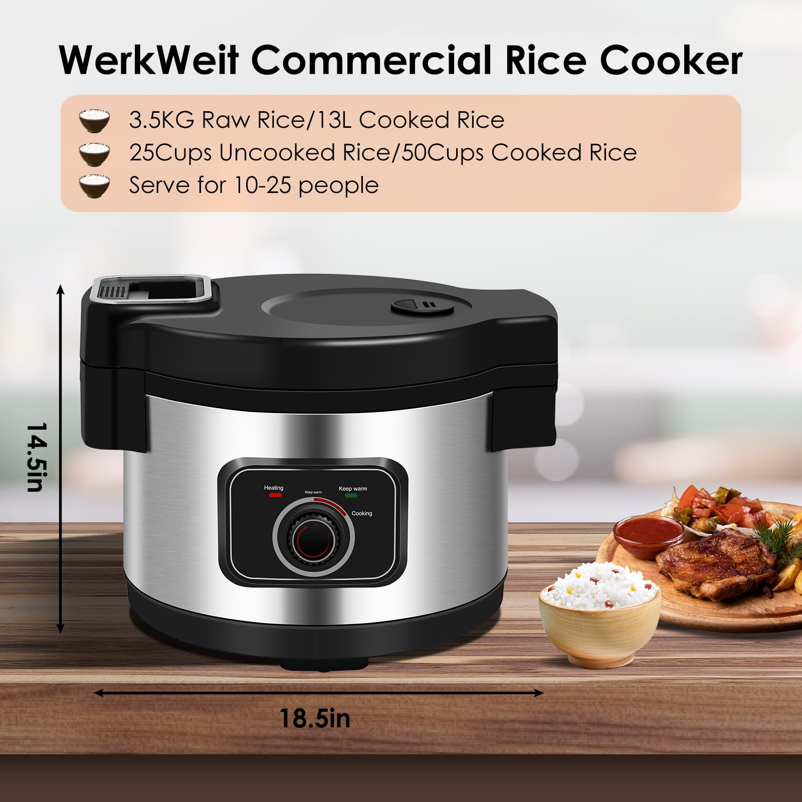 WerkWeit Commercial Rice Cooker Large Rice Cooker 50Cup(Cooked)/25Cup (Uncooked), 1850W 13L Rice Cooker for Restaurant Canteen Party Commercial Rice Warmer for 24H