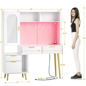 armocity 48'' Makeup Vanity with Hutch, White Bedroom Vanity with Charging Station and LED, Tall Vanity Table with Pegboard, Mirror, 5 Big Drawers & Shelves, Cabinet, Bedroom Dressing Tables, White