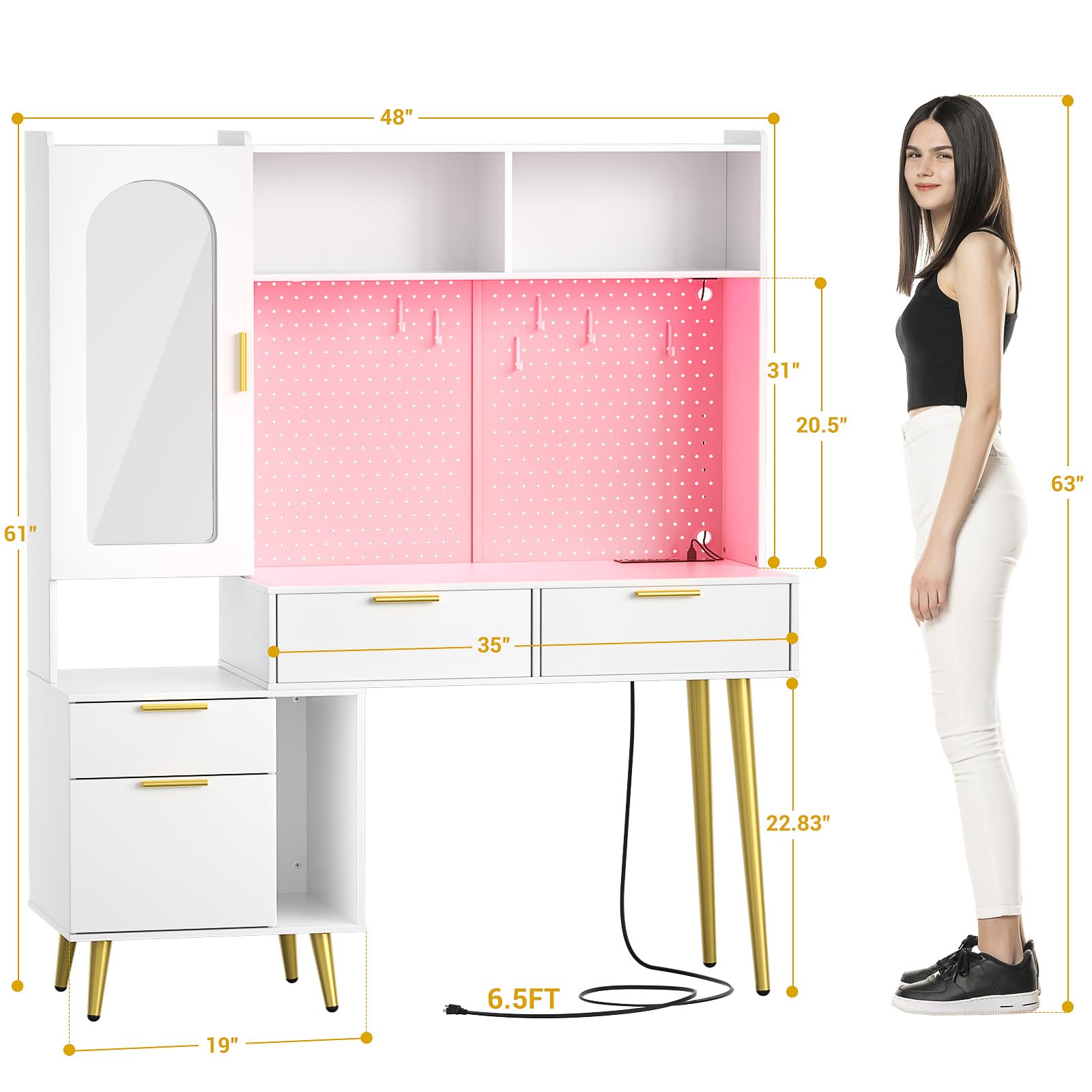 armocity 48'' Makeup Vanity with Hutch, White Bedroom Vanity with Charging Station and LED, Tall Vanity Table with Pegboard, Mirror, 5 Big Drawers & Shelves, Cabinet, Bedroom Dressing Tables, White