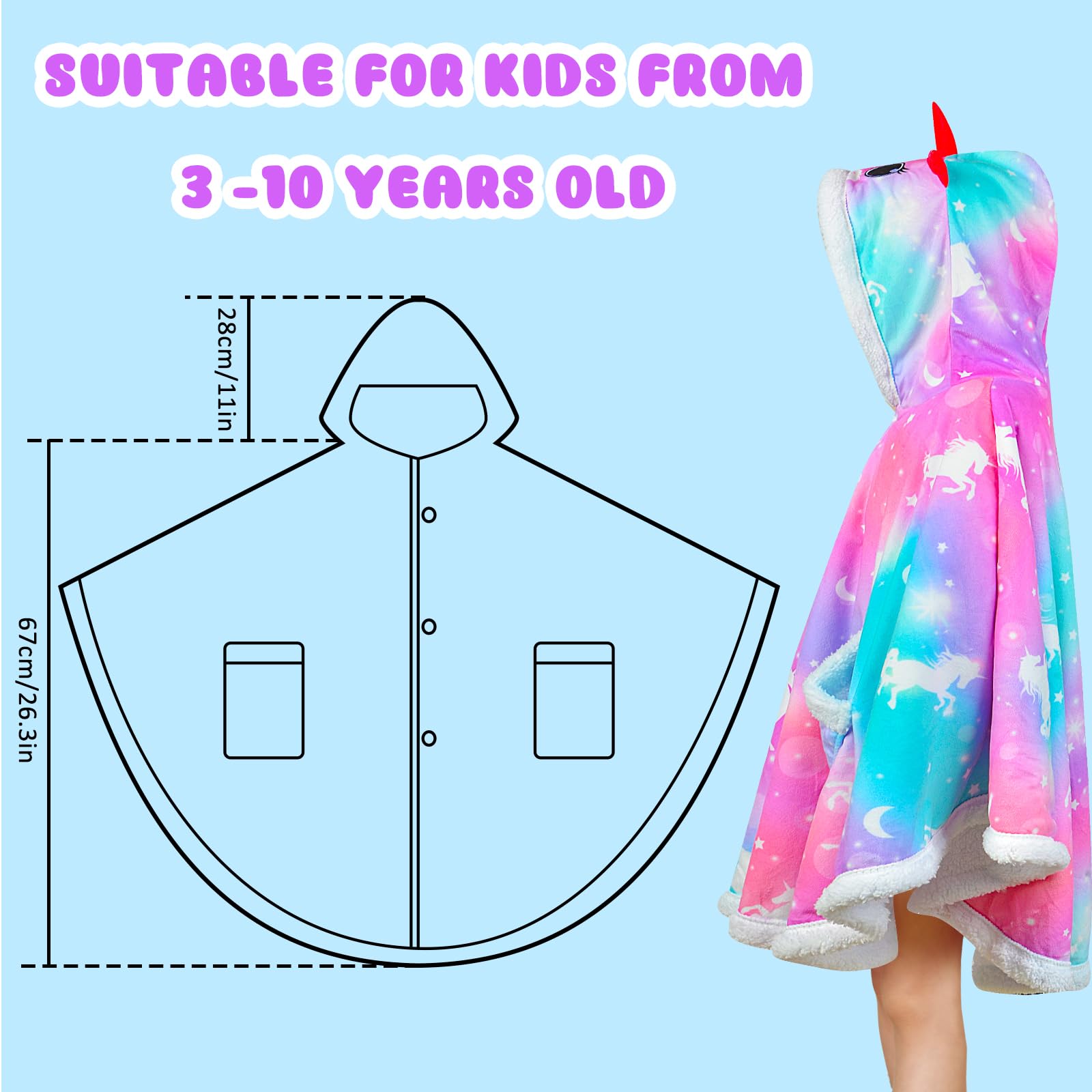 Fiodrimy Kids Wearable Blanket Hoodie Angel Wrap Hoodie Blanket Girls Uniorn Poncho Wrap Throw Cape Shawl 3-10 Years Gifts