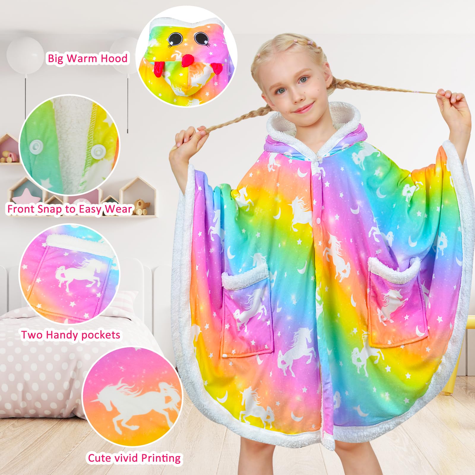 Nidoul Kids Wearable Blanket Hoodie, Unicorn Cape Cloaks with 3D Ears Winter Fleece Baggy Poncho for Girls Christmas Party