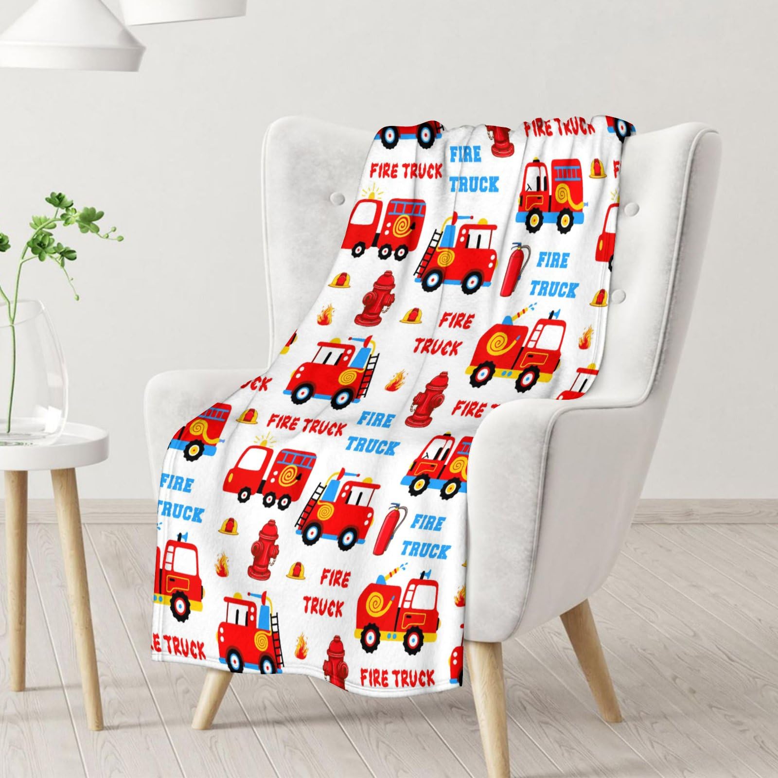 Fire Truck Blanket - Soft, Fuzzy & Warm - 40x50 Inches Small Throw Blankets for Couch, Sofa - White Cute Throw Gift for Girls, Boys