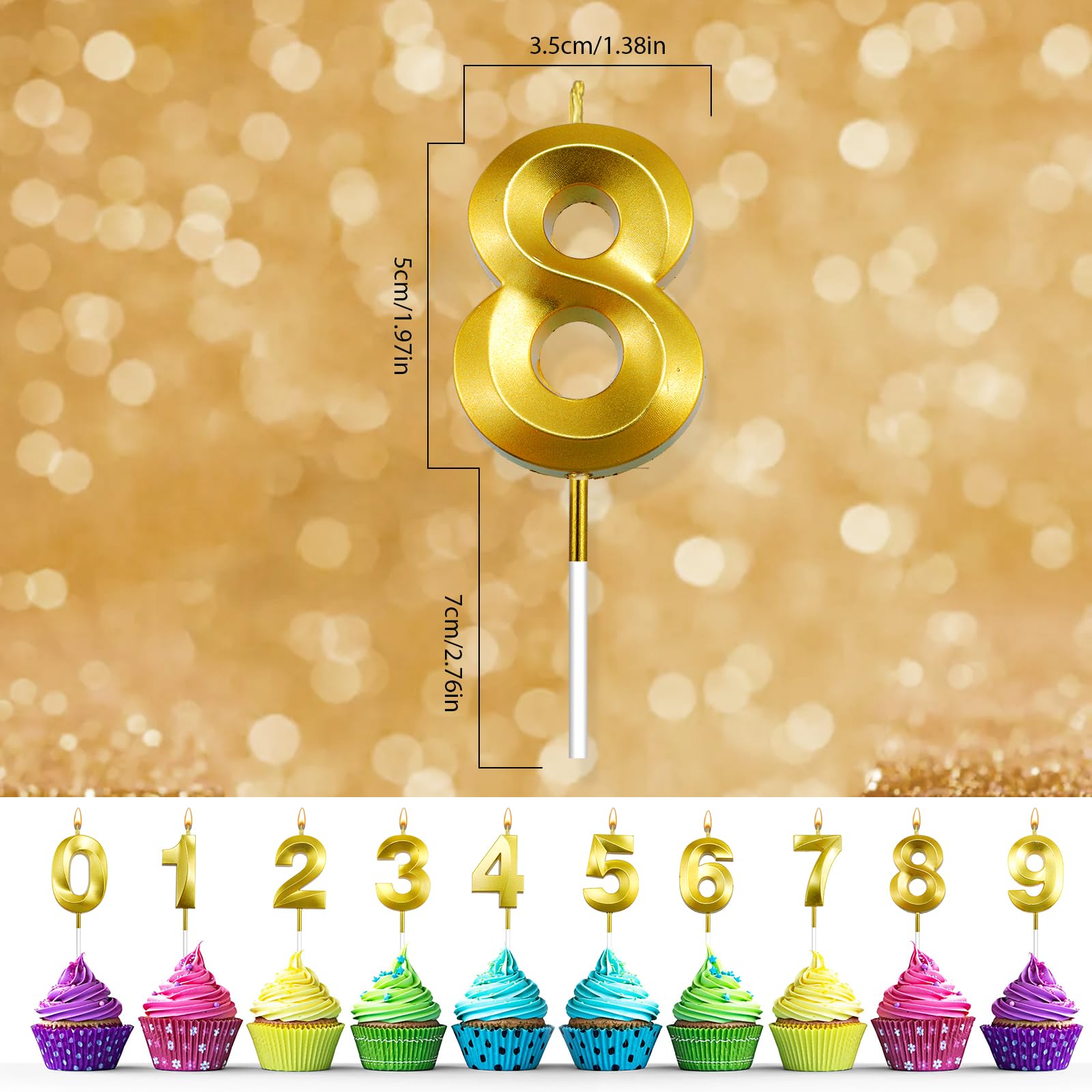 Birthday Candles for Cake, Gold Number 8 Birthday Candles, Happy Birthday Numeral Candle, Number Candles for Cake Decorations for Birthday Party Wedding Anniversary Graduation Celebration