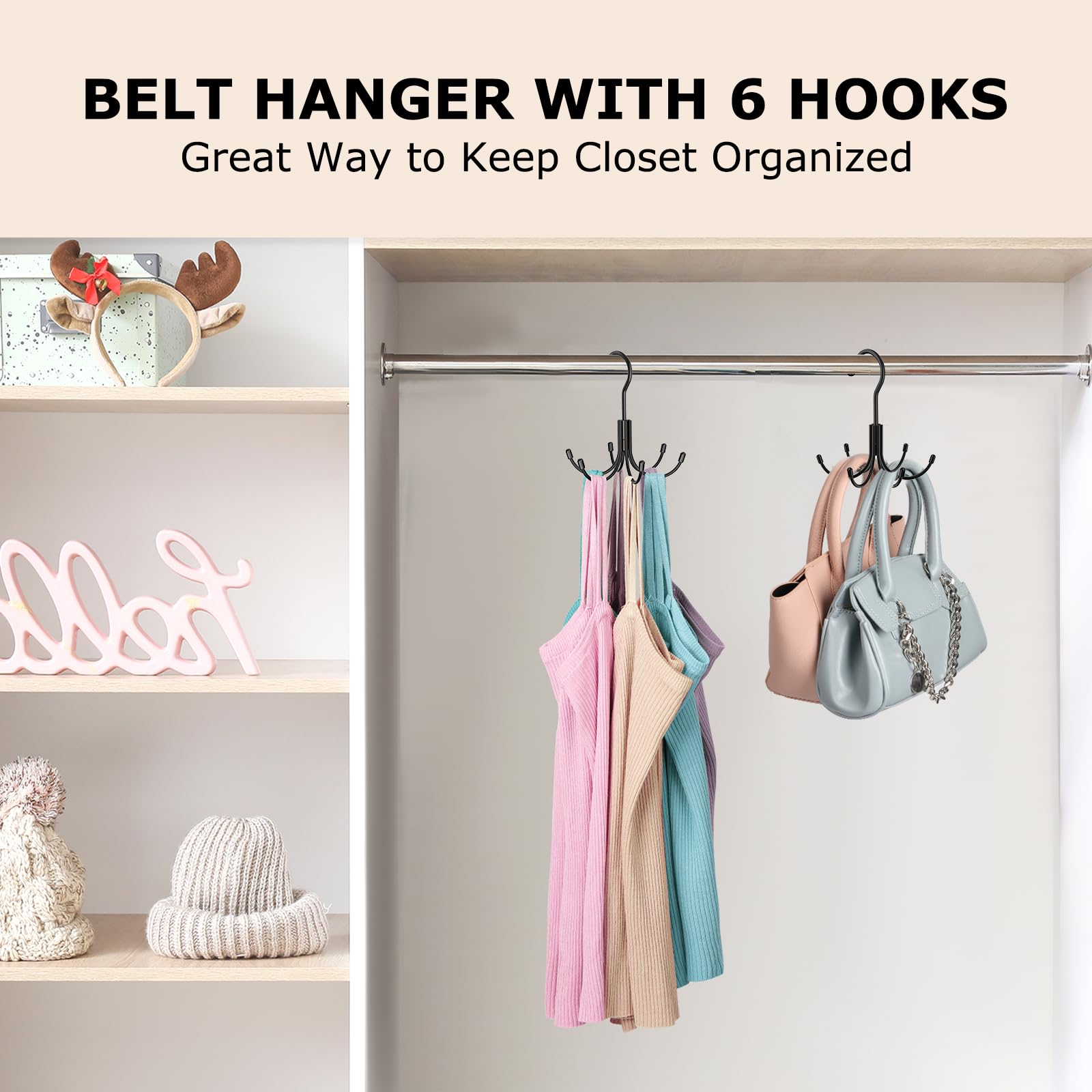 Belt Hanger, HOMEBROS Black 360° Rotatable Metal Belt Rack Organizer for Closet Space Saving Belt Hooks Maximum 24 Storage Capacity for Belt Tie Tank Top Bra Scarf Hat Purse - 1 Pack