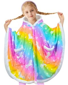 nidoul kids wearable blanket hoodie, unicorn cape cloaks with 3d ears winter fleece baggy poncho for girls christmas party