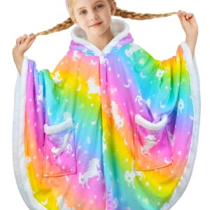 Nidoul Kids Wearable Blanket Hoodie, Unicorn Cape Cloaks with 3D Ears Winter Fleece Baggy Poncho for Girls Christmas Party