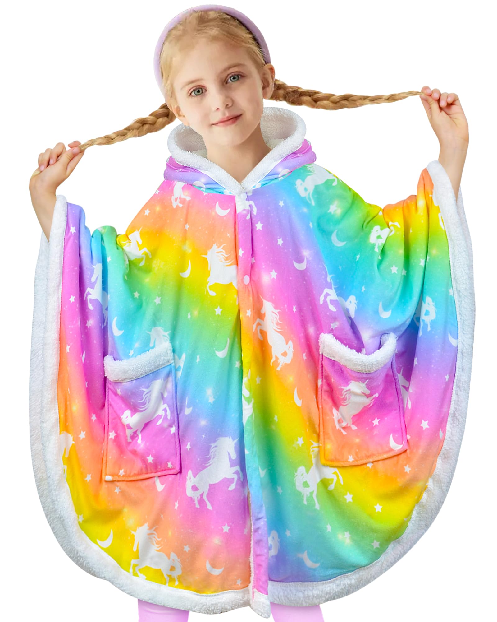 Nidoul Kids Wearable Blanket Hoodie, Unicorn Cape Cloaks with 3D Ears Winter Fleece Baggy Poncho for Girls Christmas Party