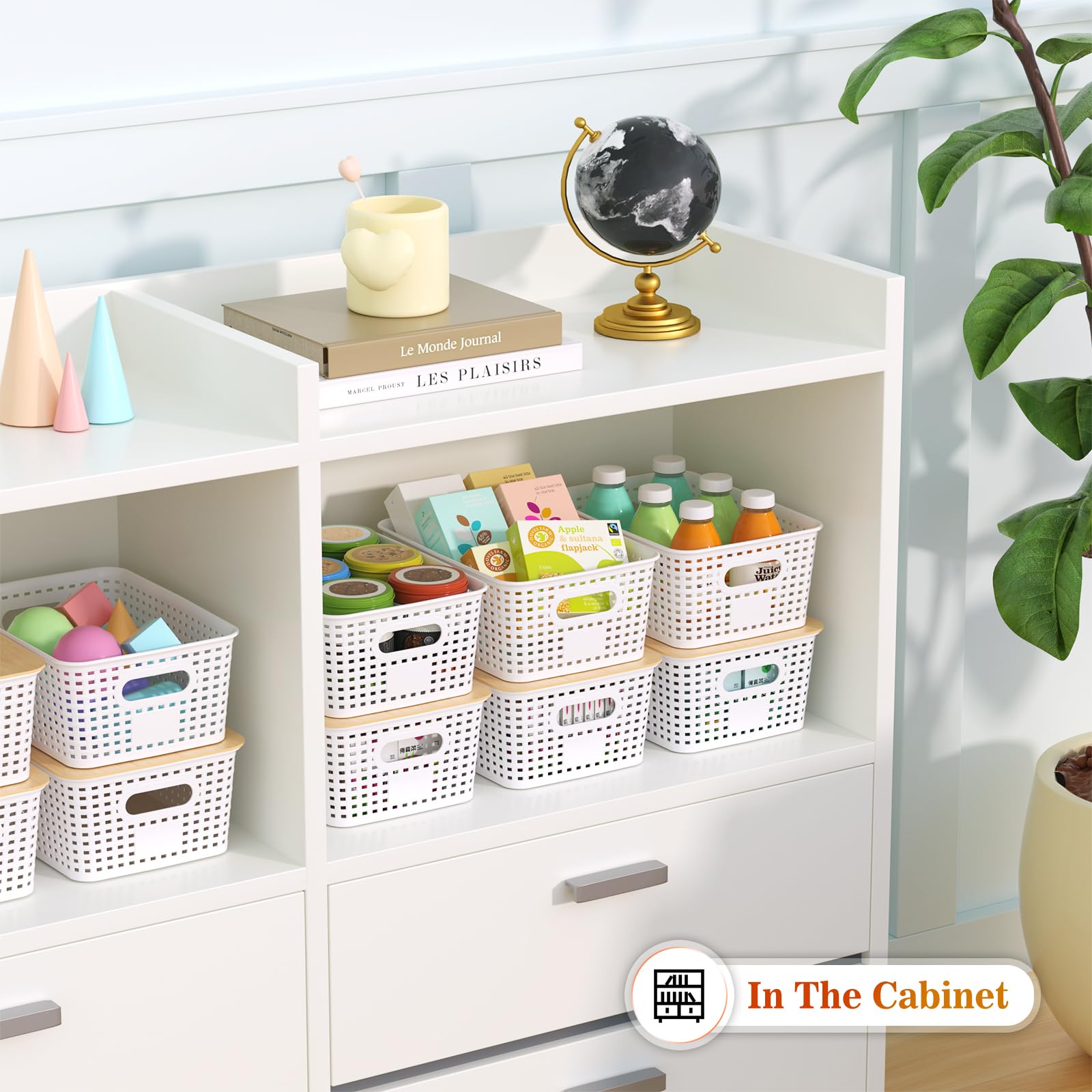 Plastic Storage Baskets With Bamboo Lid - Plastic Storage Containers Stackable Storage bins: Storage Baskets for Organizing Shelves Drawers Desktop Closet Playroom Classroom Office, 6 Pack