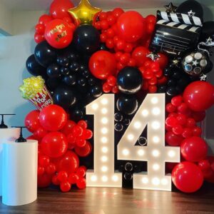 Enanal Movie Night Balloon Garland Arch Kit, 134pcs Black Red Chrome Gold Balloon with Clapboard Popcorn Foil Balloons for Movie Theater Film Party Decoration Birthday Bridal Shower Backdrop (Movie)