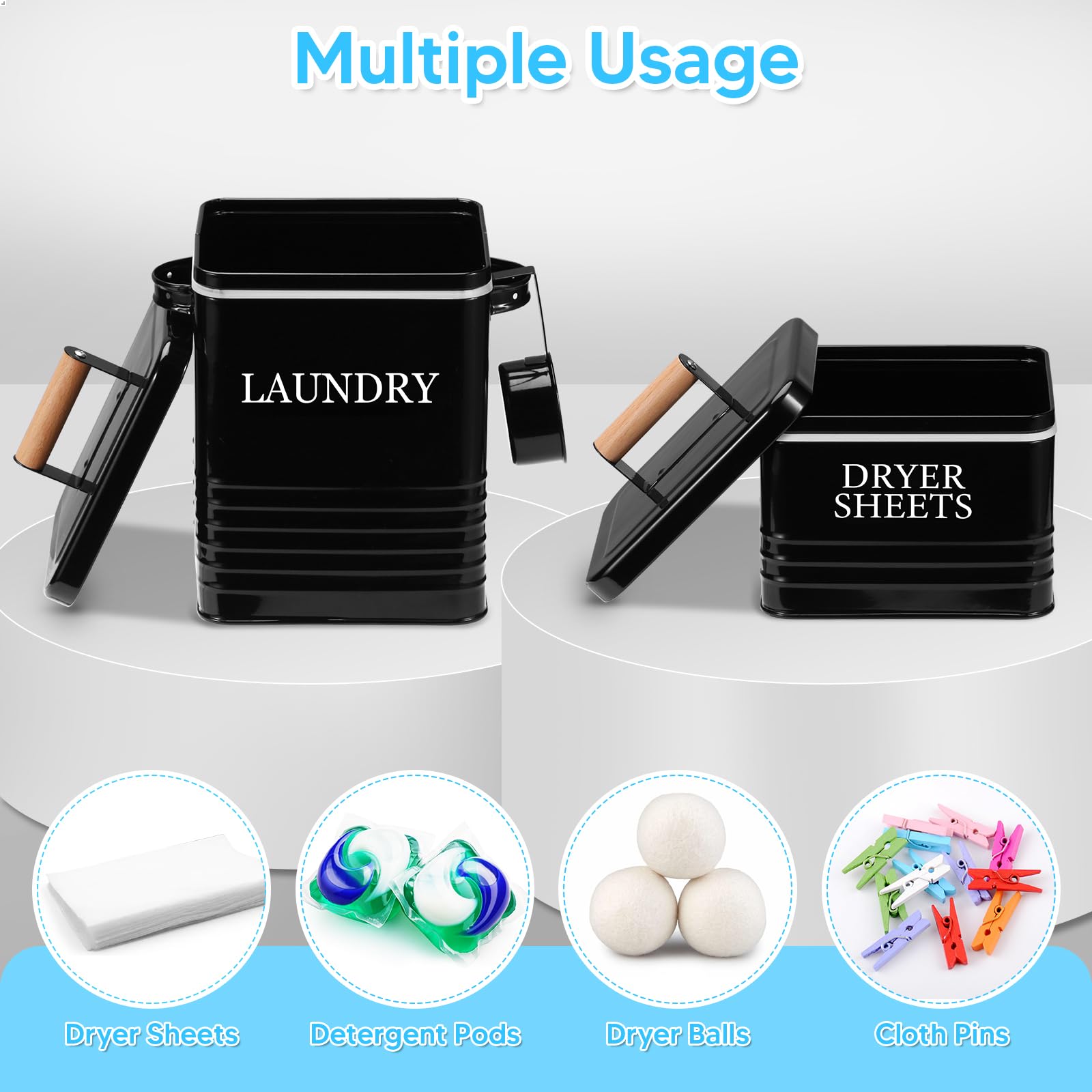 Metal Laundry Powder Container with Dryer Sheet Holder Modern Farmhouse Laundry Detergent Container with 1 Spoon Fabric Softener Dispenser with Lid for Space Saving Room Organization and Decor