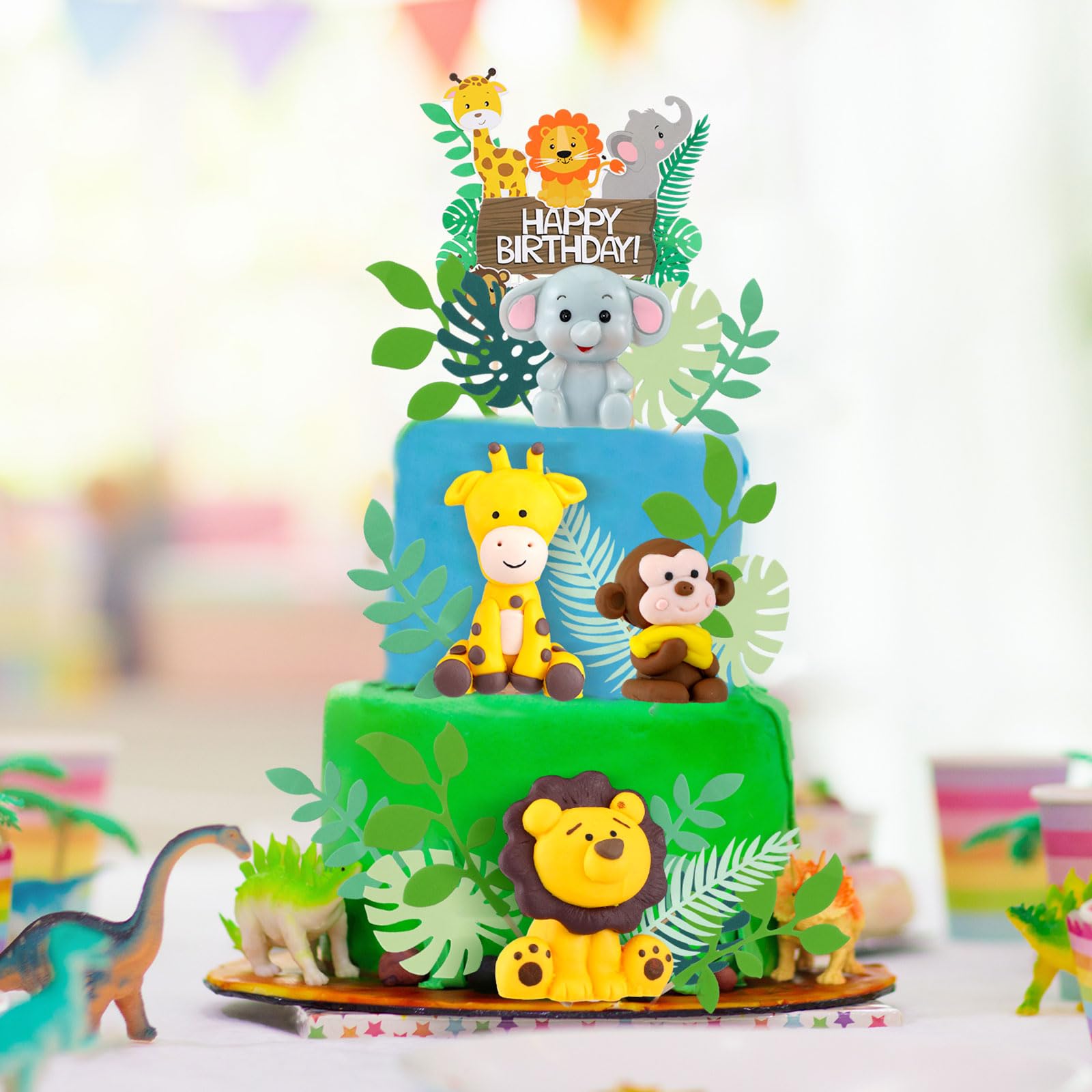 Marsui 36 Pcs Safari Cake Topper Leaves Cake Decorations Elephant Birthday Cake Toppers Jungle Animals Cakes Toppers Woodland Animal Tiger Lion for Party Baby Shower Birthday Supplies